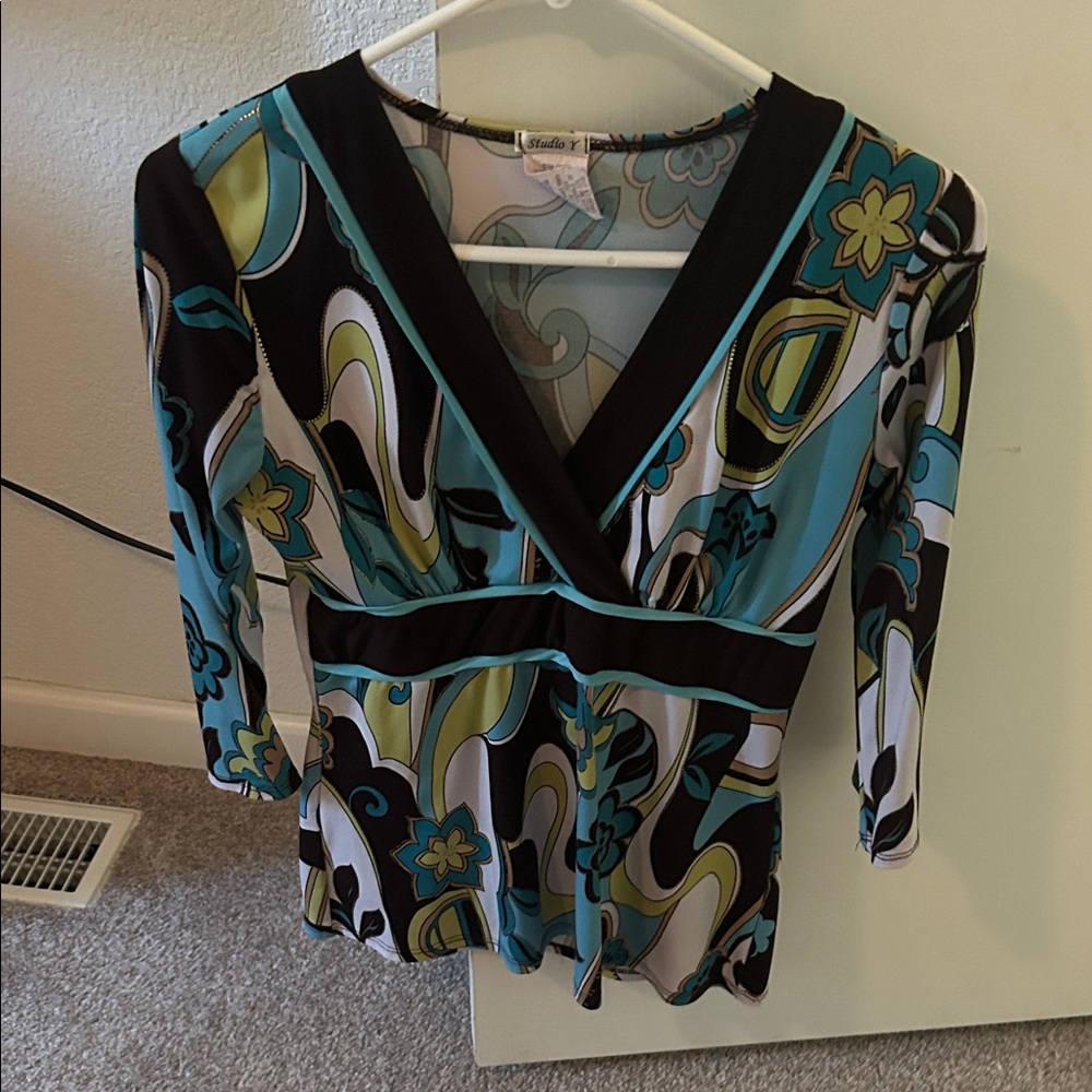 Studio Y Black and Blue Patterned Blouse